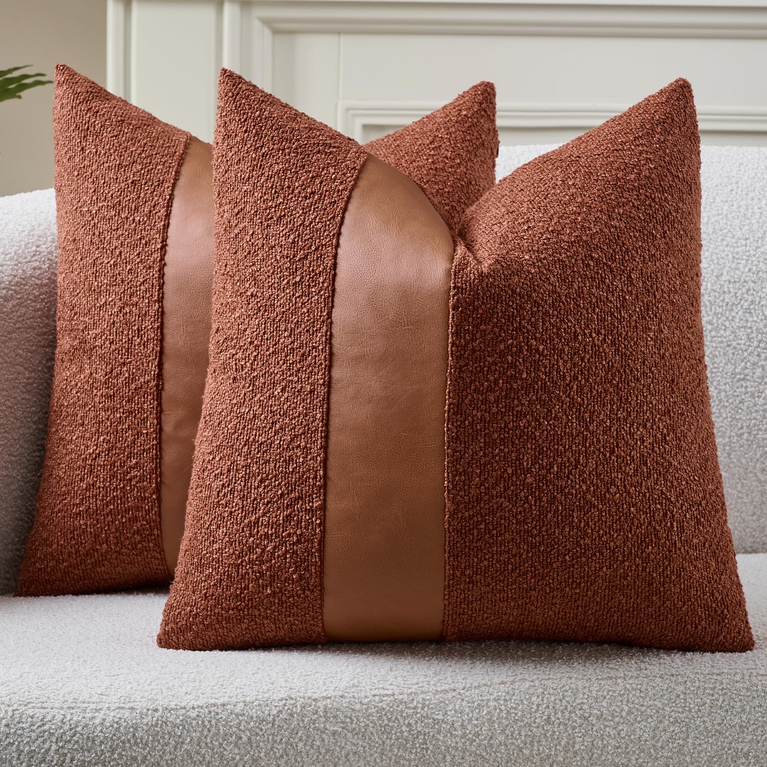 Photo 1 of Pack of 2 Faux Leather Boucle Throw Pillow Covers 20"x20" Rust Chic Accents Textured Square Decorative Pillow Cases for Living Room Couch Bed Farmhouse Boho Home Decor