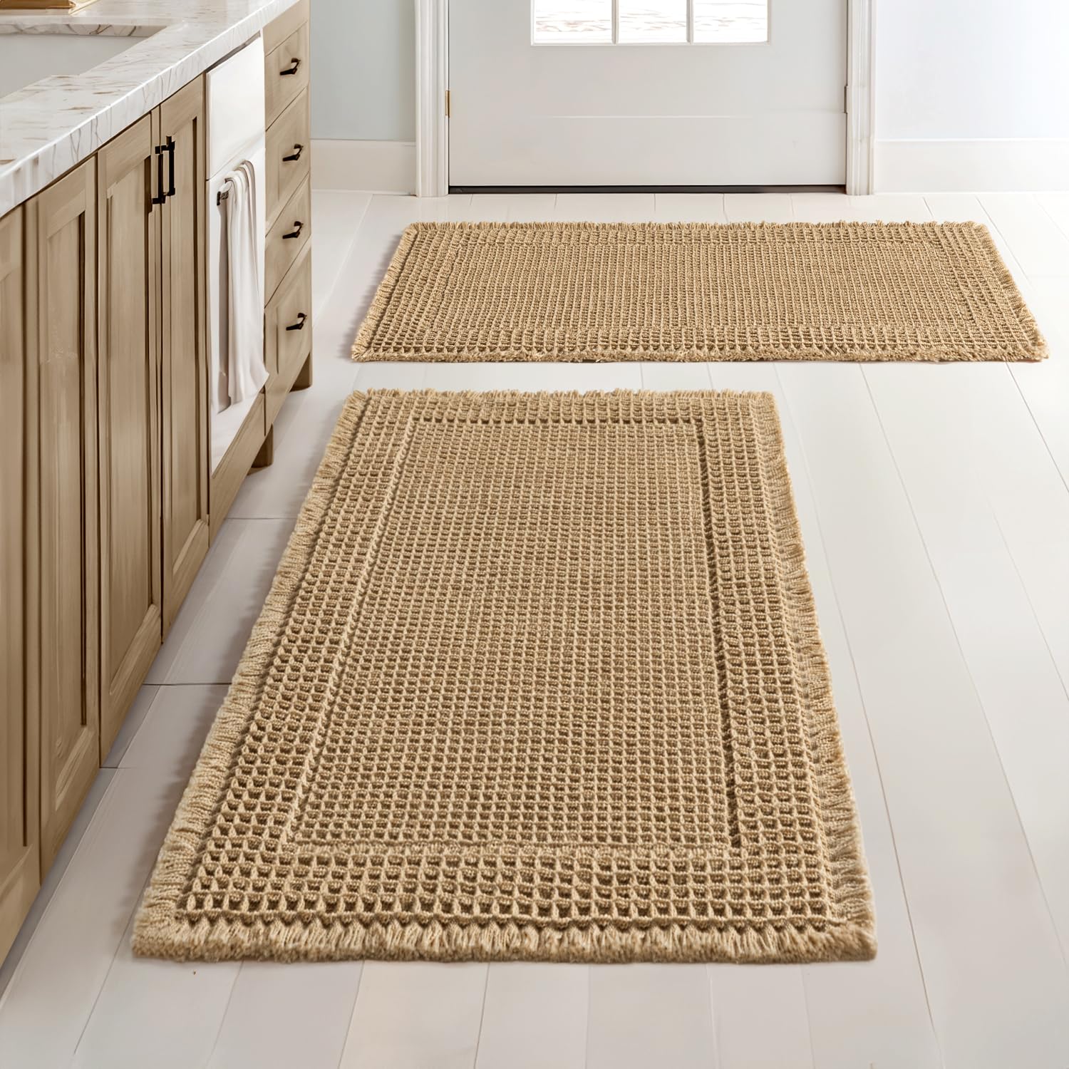 Photo 1 of **1 PC**MIULEE Set of 2 Waffle Bathroom Rugs, Boho Bath Rug Super Absorbent, Non Slip Washable Ultra Soft Rubber Backed Shower Bath Mats for Floor, Tub, Shower, Bordered Design, Brown, 18x30 Inch