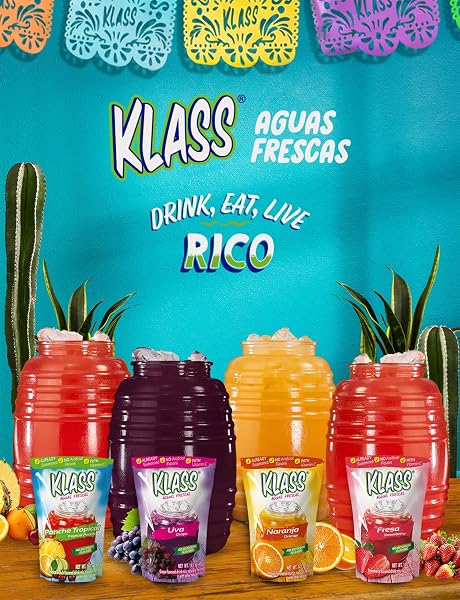 KLASS AGUAS FRESCAS DRINK MIX TROPICAL VARIETY PACK – STRAWBERRY, GRAPE, TROPICAL PUNCH & ORANGE – POWDER DRINK MIX, WATER DRINK MIX WITH NATURAL FLAVORS & VITAMIN C, MAKES 28 TO 36 QUARTS (56 TO 72 DRINKS)