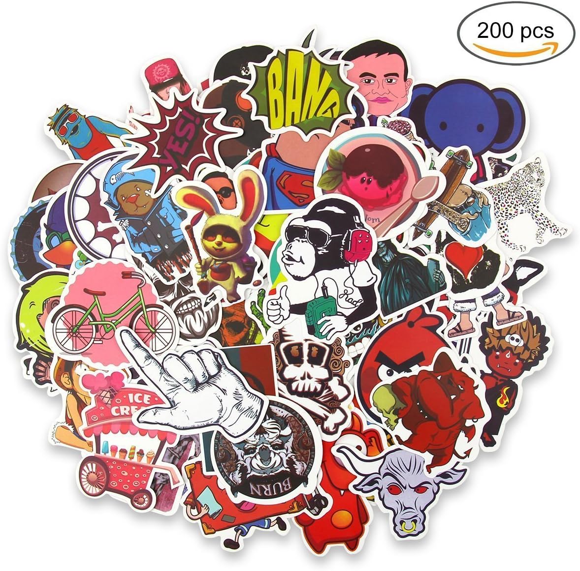 Naisidier Car Decals Vinyl's Bumper Stickers Graffiti Decals for Personalize Laptops, Skateboards, Luggage, Cars, Bumpers, Bikes, Bicycles - Random Sticker Pack (200pcs)