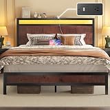Fluest Queen Bed Frame with Headboard & Footboard, Bed Frame with Built-in Charging Station & LED Light, Storage Shelf, Noise-Free, No Box Spring Needed, Easy Assembly, Coffee Brown
