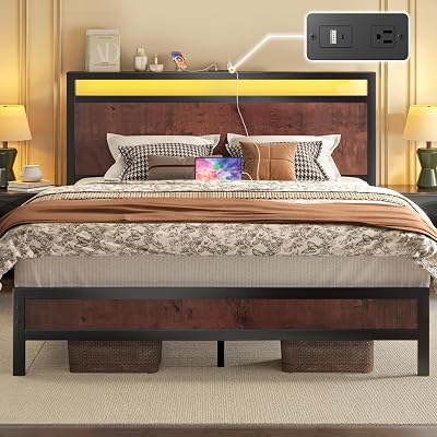 Fluest Queen Bed Frame with Headboard & Footboard, Bed Frame with Built-in Charging Station & LED Light, Storage Shelf, Noise-Free, No Box Spring Needed, Easy Assembly, Coffee Brown