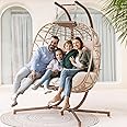 NICESOUL Double Swing Egg Chair with Stand, Extra Large 2 Person Indoor Outdoor Wicker Loveseat, Oversized Patio Hanging Basket Chair with Cushions, 700Lbs Sturdy Porch Swing for Backyard, Beige