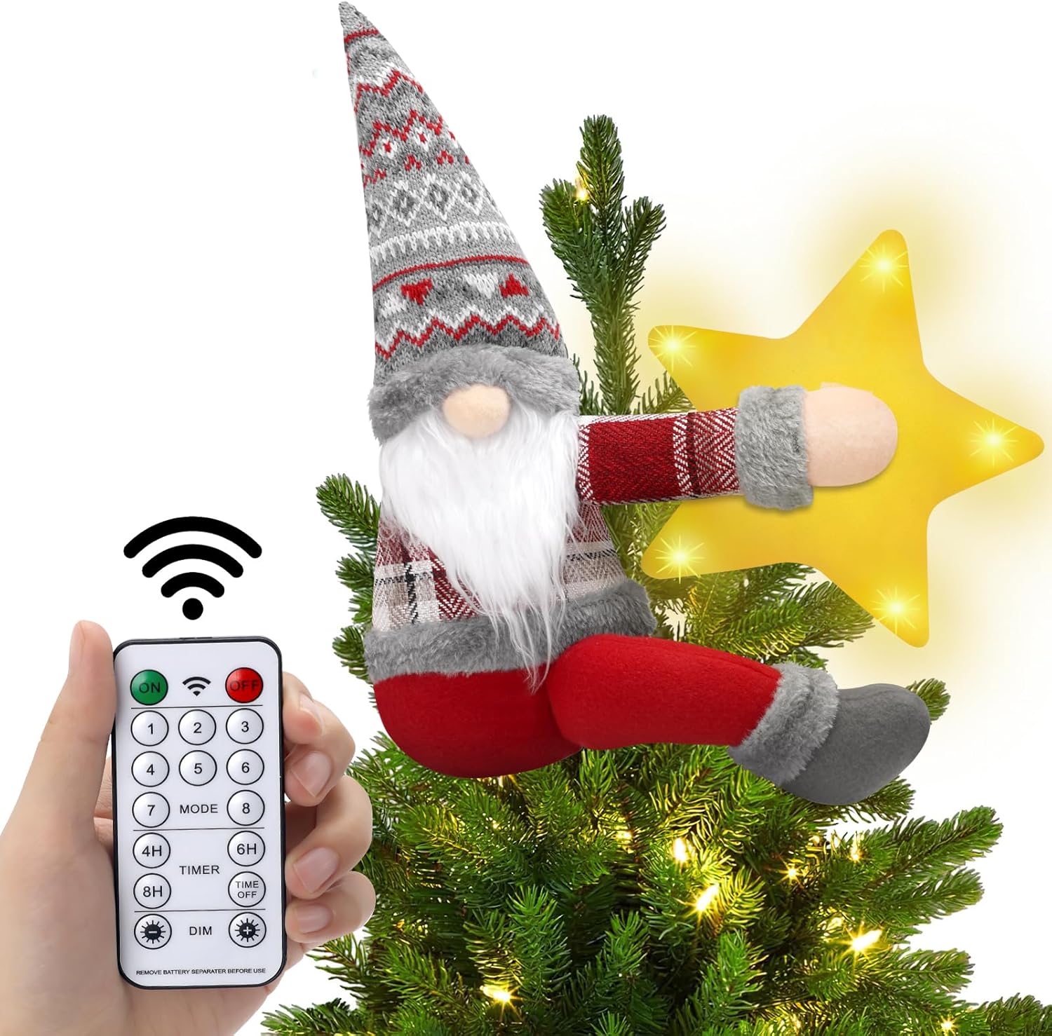 Tree Toppers - SENKENA Christmas Gnome Tree Topper with Lights, Battery Operated Lighted Tree Topper with Remote Gnomes Hug Glowing Stars Tree Toppers Christmas Decorations Suitable for Christmas Home Decoration.