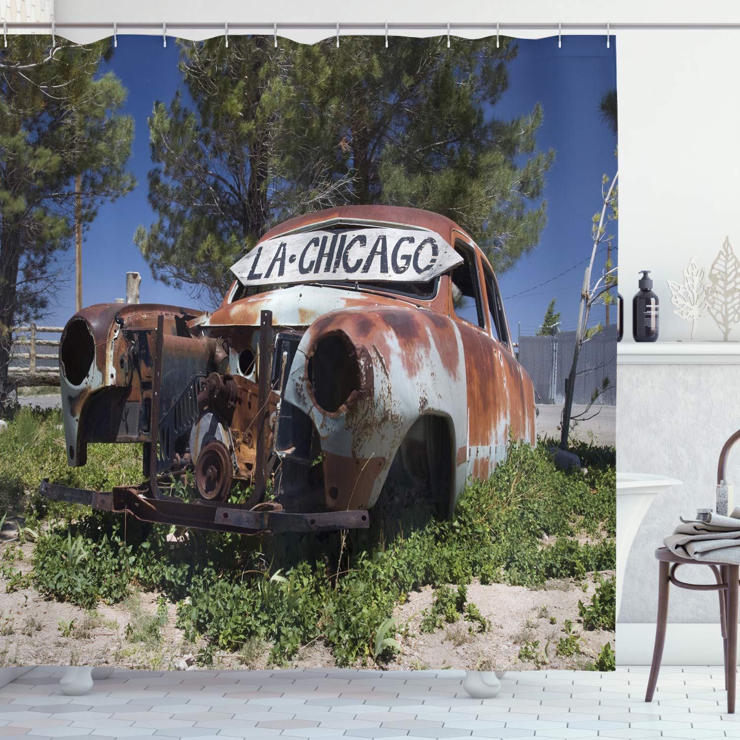 ABAKUHAUS Vintage Car Shower Curtain, Old Car Trees Greenery in the Famous Route 66 Road in USA Rustic Home Art, Cloth Fabric Bathroom Decor Set with Hooks, 175 x 200 cm, Green Blue Brown