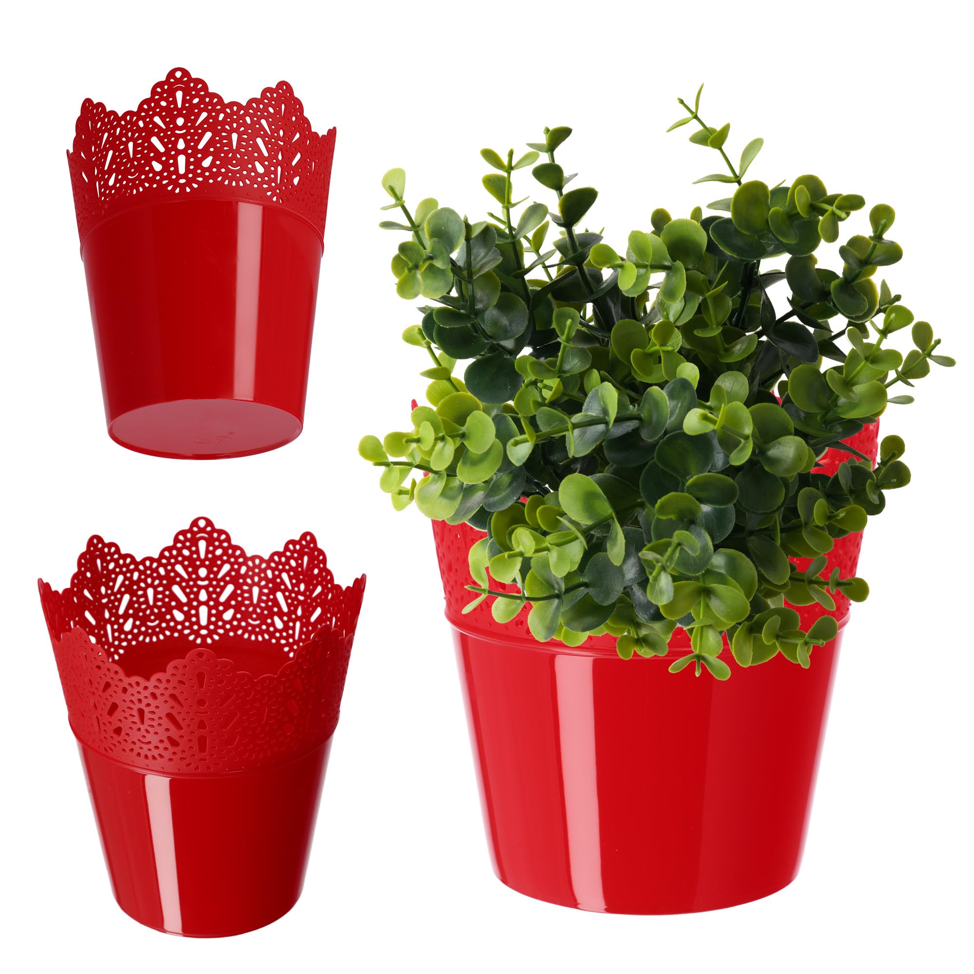 KADAX Plastic Lace Flower Pot 11 Colors Lace Flower Pot Flower Pot Protector for Office Pot Garden Bowl Flower Pot Planter (Diameter 14.5cm, Low, Red)