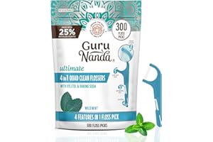 GuruNanda Quad Clean Floss Picks 4-in-1 with Tongue Scraper, Interdental Pik & Toothpick, Non-Shred Dyneema Thread, with Xylitol & Baking Soda, 300 ct