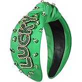 CEALXHENY St. Patrick's Day Hair Accessories, Green Shamrock Headband with Crystal Rhinestone, Knotted Headband for Women, Irish Holiday Gifts (LUCKY C)