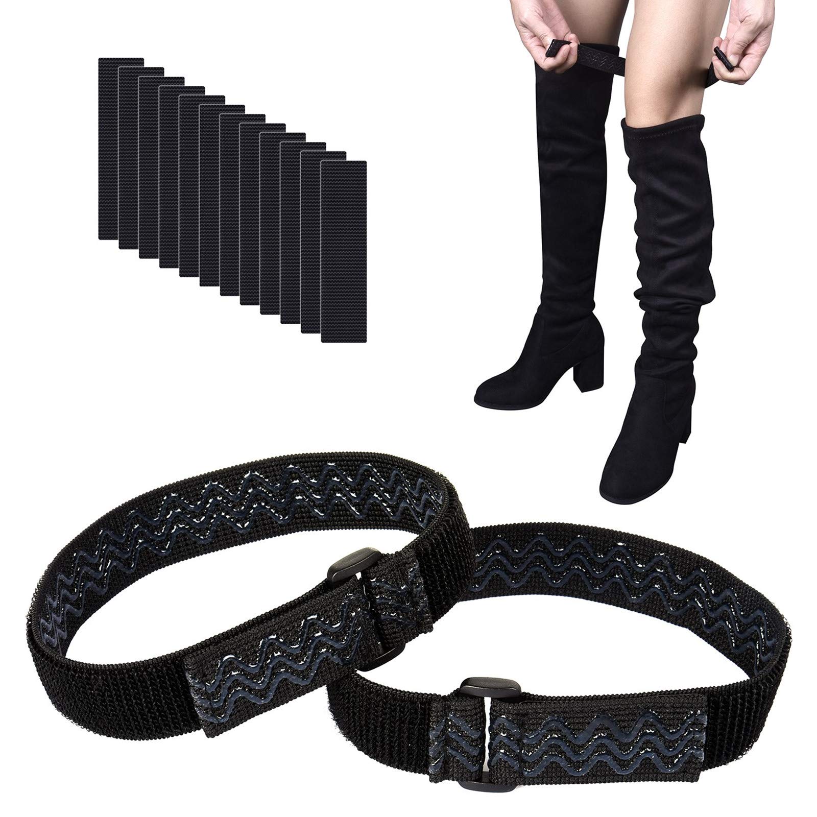 wisdompro Boot Straps, 1 Pair Knee Boot Straps of Elastic Adjustable Belt, Plus Extra 12 Pcs Adhesive Tape Hook Sticker for Fall-off Prevention