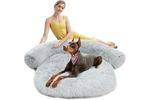 Auvce Fluffy Calming Large Dog Bed Deluxe Anti-Anxiety Plush Dog Mat Dog Couch Cover for Furniture Protector with Removable Pillow & Washable Cover, 39''x33''x7.5'', Grey