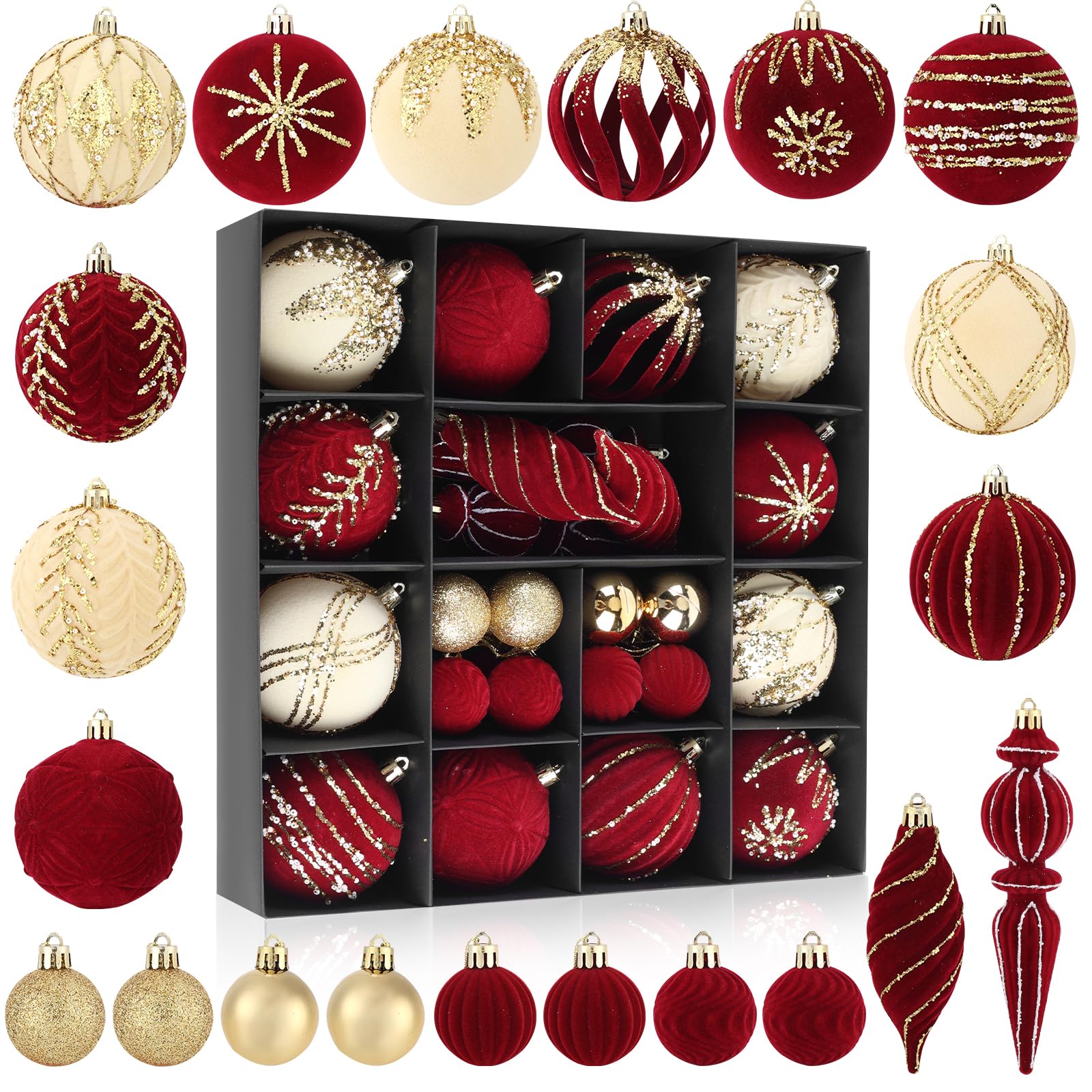 Photo 1 of 32 Pieces Christmas Ornament Set, Red Velvet Ornaments for Christmas Tree?Christmas Tree Hanging Ball Decorations Assortment?for Holiday, Wedding, Party Decor