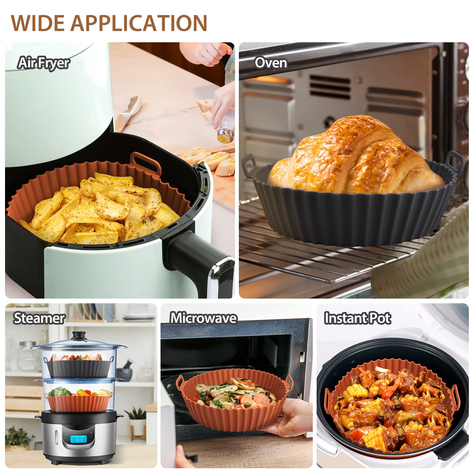 2 Pack Air Fryer Silicone Liners for Ninja, Reusable Silicone Bowl Basket Fit for 3 to 5QT Air Fryer, Replacement of Flammable Parchment Paper, Baking Tray Oven Accessories (Top 8in, Bottom 6.8in)