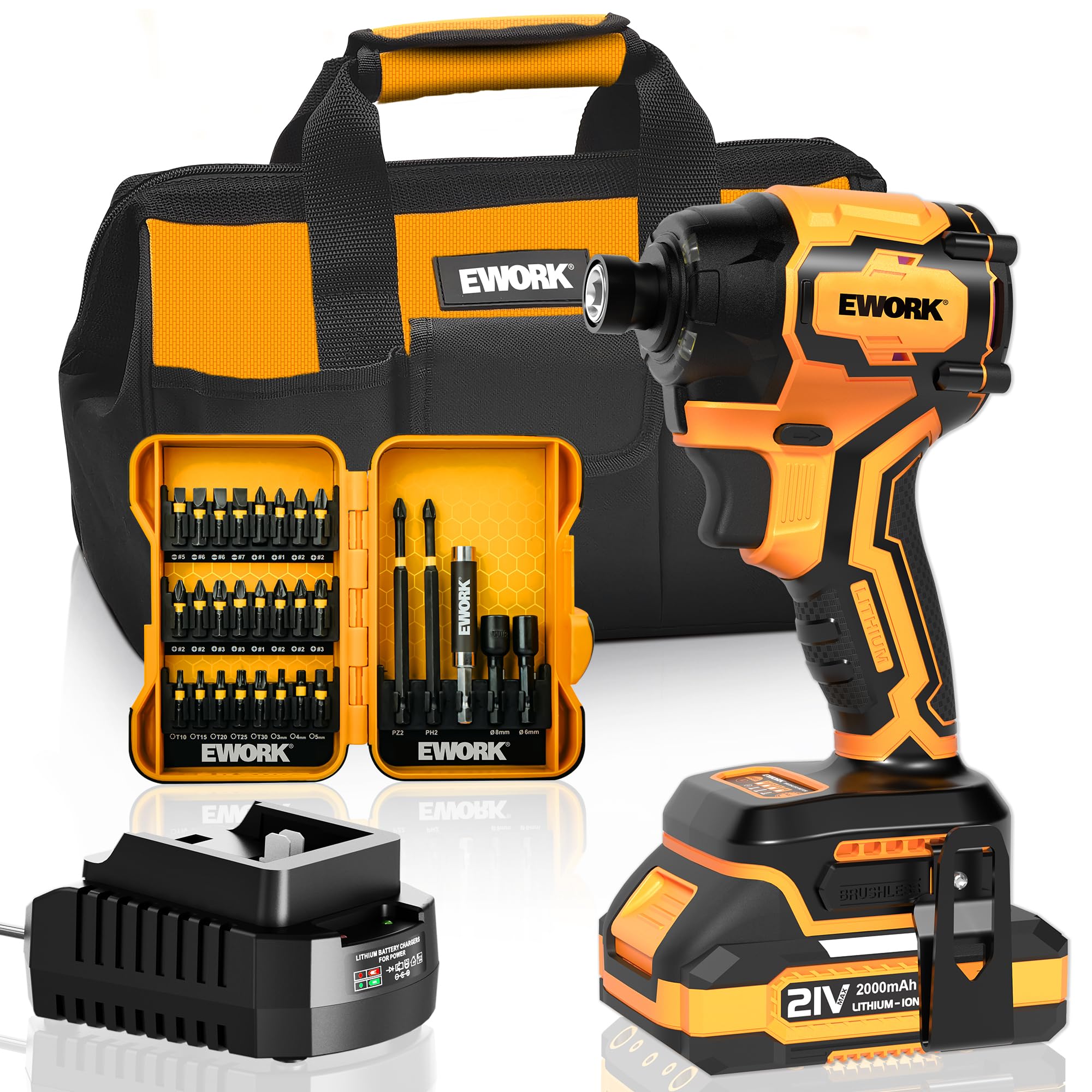 Photo 1 of 21V 1/4" Cordless Impact Driver Kit, Max Torque 2300 In-lbs, Compact & Brushless Power Impact Drivers 4-Speed Mode with 2.0Ah Battery and Fast Charger for Professional User or DIY