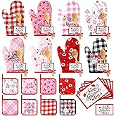 Suclain 32 Pcs Valentine's Day Oven Mitt and Pot Holders Valentine Baking Gift Set Cute Non Slip BBQ Gloves Kitchen Potholder Wooden Spoons and Cards for Women Valentine's Day Gift Cooking Baking