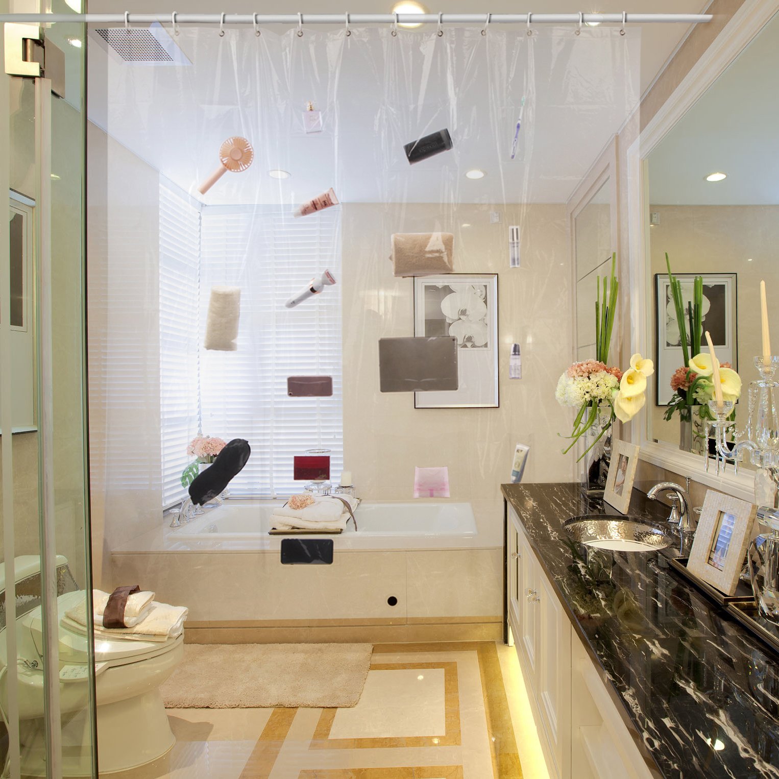 Jasontric Clear Shower Curtain Liner, with Pockets for Phone Ipad Tablet Bath Curtains Sheer Transparent Waterproof Bathroom Curtain Liner Phone Tablet Holder