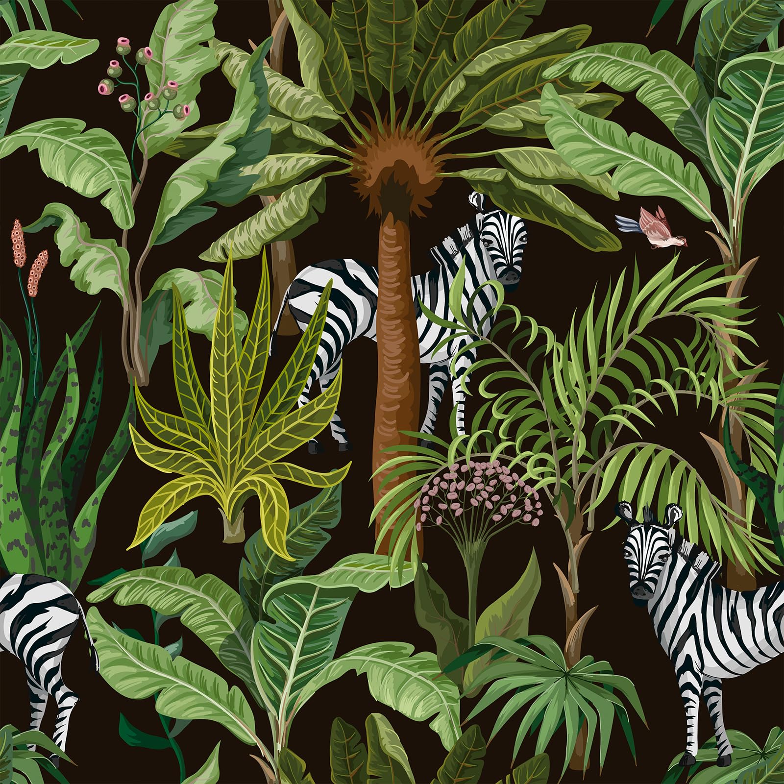 VEELIKE Zebra Jungle Wallpaper Tropical Leaf Wallpaper Vintage Black Floral Wall Paper Patterned Wall Mural Botanical Lining Paper Bedroom Living Room Hallway Removable 44.5cmx300cm
