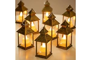 Mini Lanterns Decorative for Centerpiece - Romadedi 10 PCS Hanging Small Gold Lantern Bulk with Flickering LED Candles for Ch