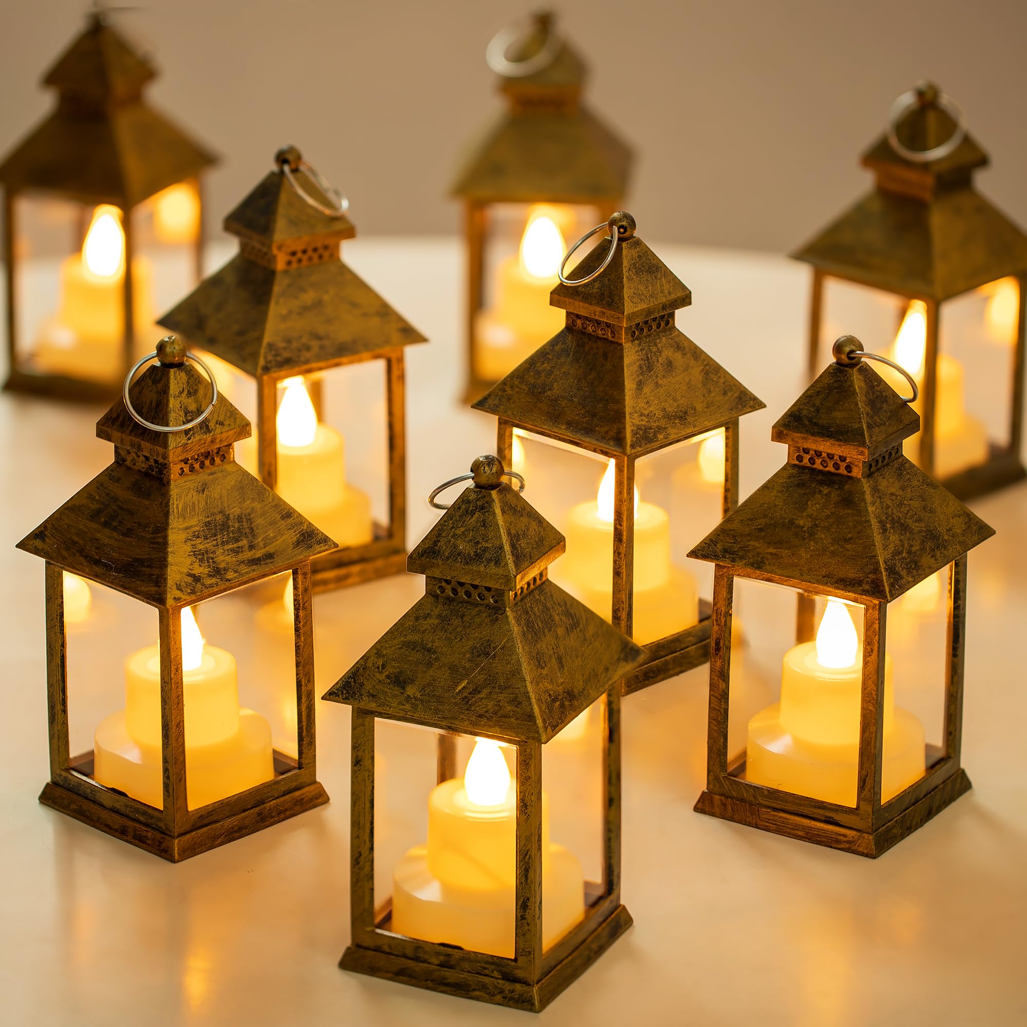 Romadedi Gold Lantern Wedding Decor - 10Pcs Hanging Small Decorative LED Lantern Candle Holders for Christmas Table Decoration Moroccan Ramadan Outdoor Halloween Party