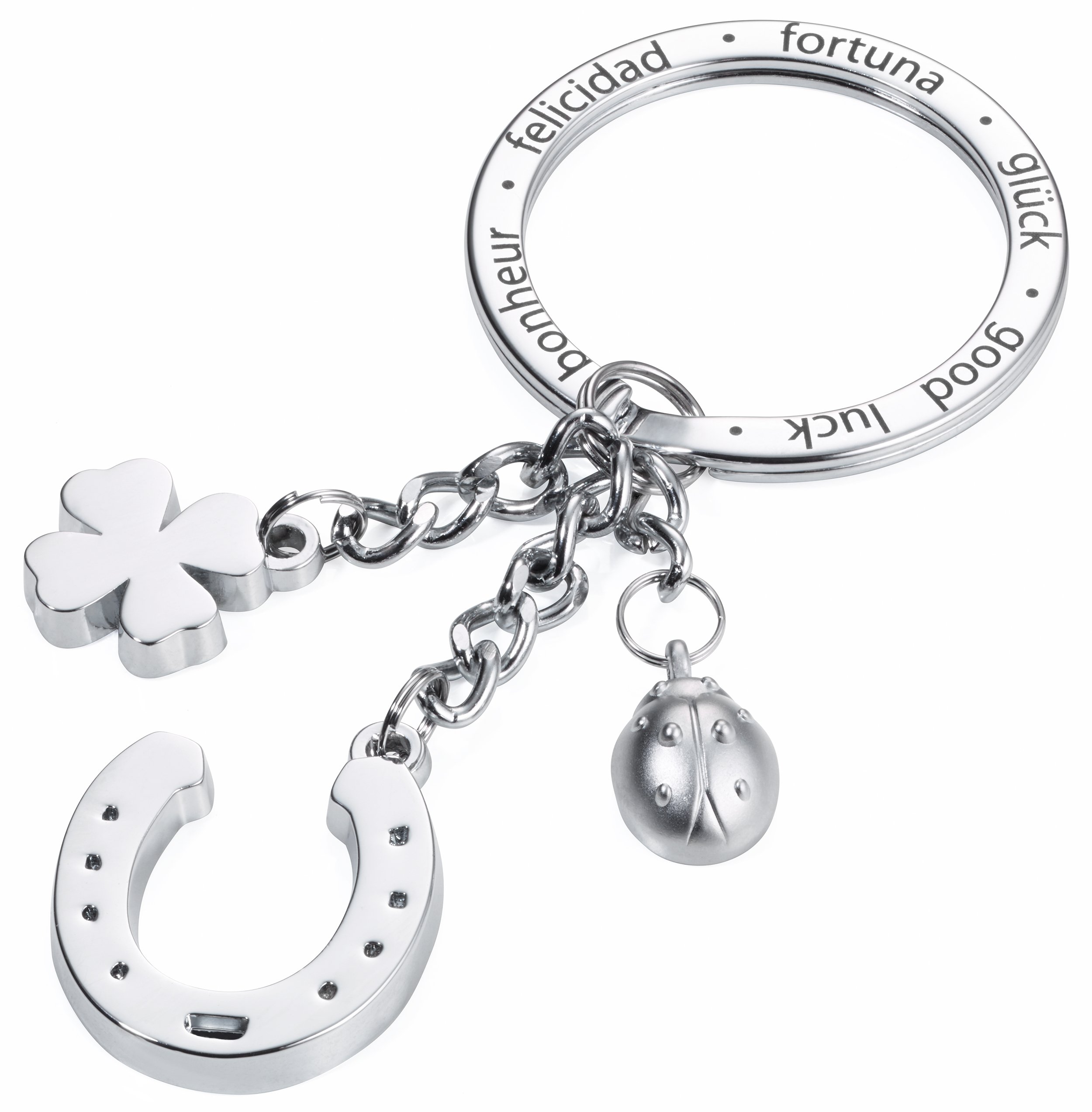 Troika Horseshoe Shamrock Ladybird Lucky Charm Keyring - Enamel Cast Metal - Chrome Plated - Silver