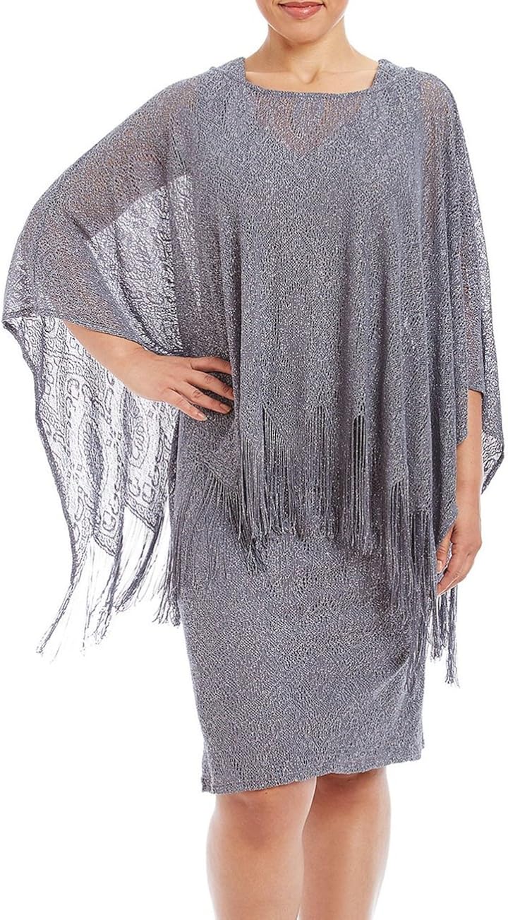 Jessica Howard Silver Pewder Sparkle Plus Size Fringe Poncho Sheath
