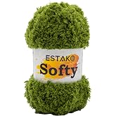 Estako Softy 100% Polyester Fluffy Soft Chunky Bulky Weight #5 Yarn, Grass | moss, fuzzy, eyelash, faux fur look, teddy bear, plush, thick, feather, 100 g, 98 yds