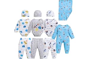 Renotemy Newborn Baby Boy Clothes Essentials 11-Piece Layette Set with Bodysuits, Pants, Hats, Blanket-Infant Unisex Outfit