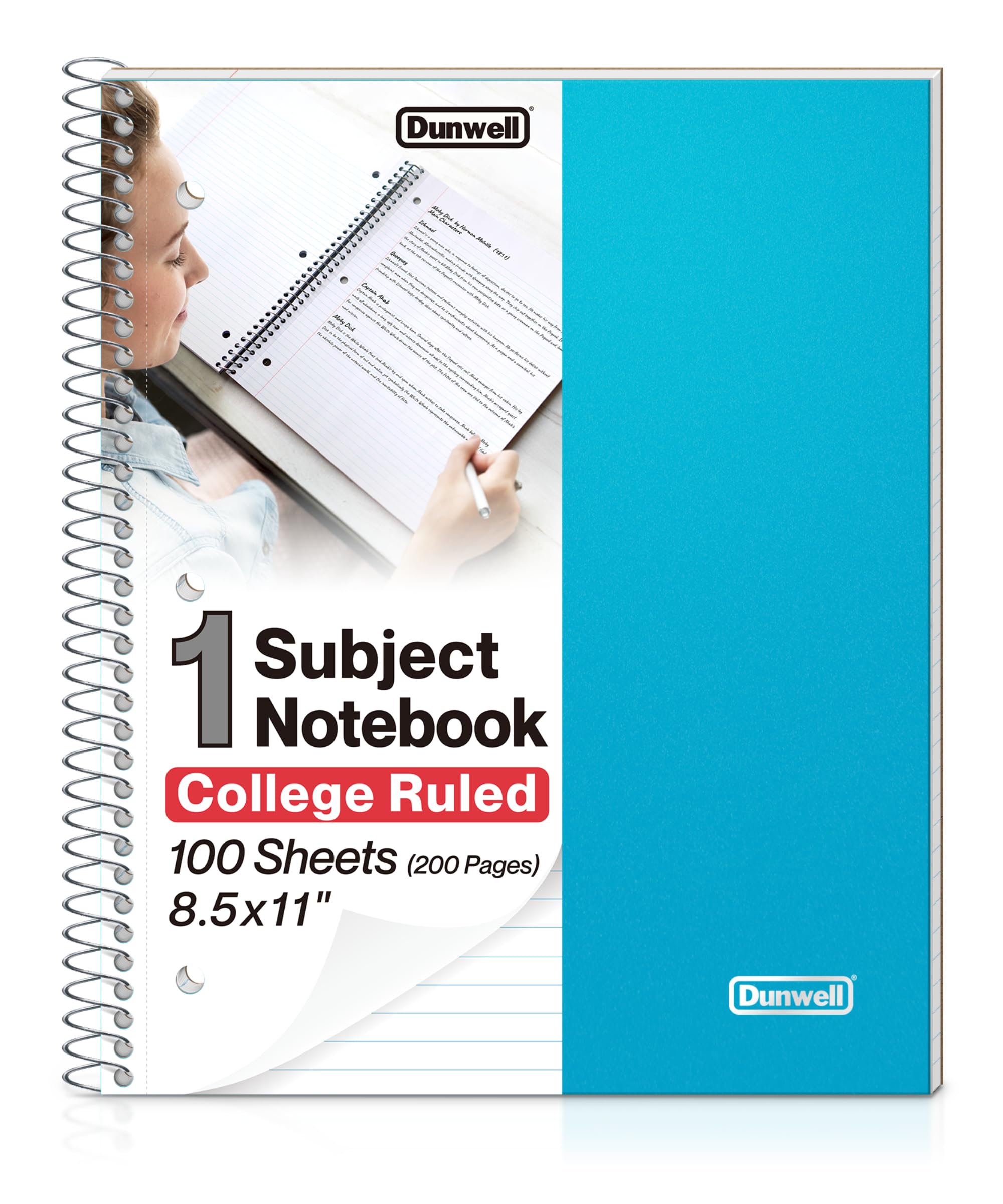 Photo 1 of Dunwell 1-Subject Notebook College Ruled, (Blue) 100 Sheets (200 Pages), Perforated Paper, 3 Hole Punched, Spiral Notebook 8.5 x 11, Protective Plastic Cover, Divider with Pockets