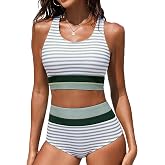 Dipinon Women's High Waisted Bikini Sets Two Piece Swimsuit Color Block Sporty Athletic Moderate Coverage Bathing Suits