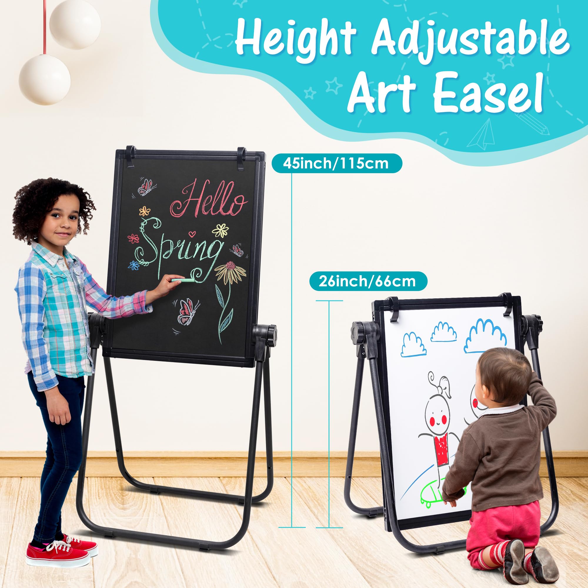 WEYOUNG Kids Easel for Toddlers, Adjustable Standingg Metal Toddler Whiteboard & Chalkboard, Magnetic Art Easel for Kids Age 2-4 4-8 9-12, Black