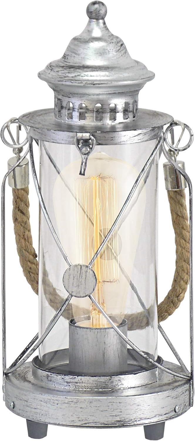 EGLO Bedside lamp Bradford 1, Vintage Table Light, Lantern, Living Room Lighting Made of Antique Silver Steel and Clear Glass