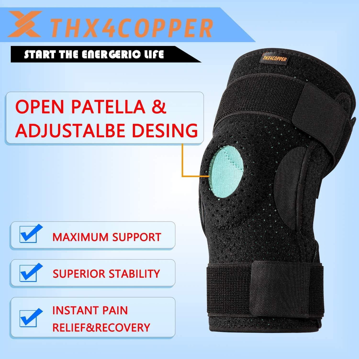 Thx4COPPER Hinged Knee Support Brace-Adjustable Open Patella with Parallel Straps & Dual Side Stabilizers For Joint Pain Relief,Arthritis,Meniscus Tear,MCL - Image 3