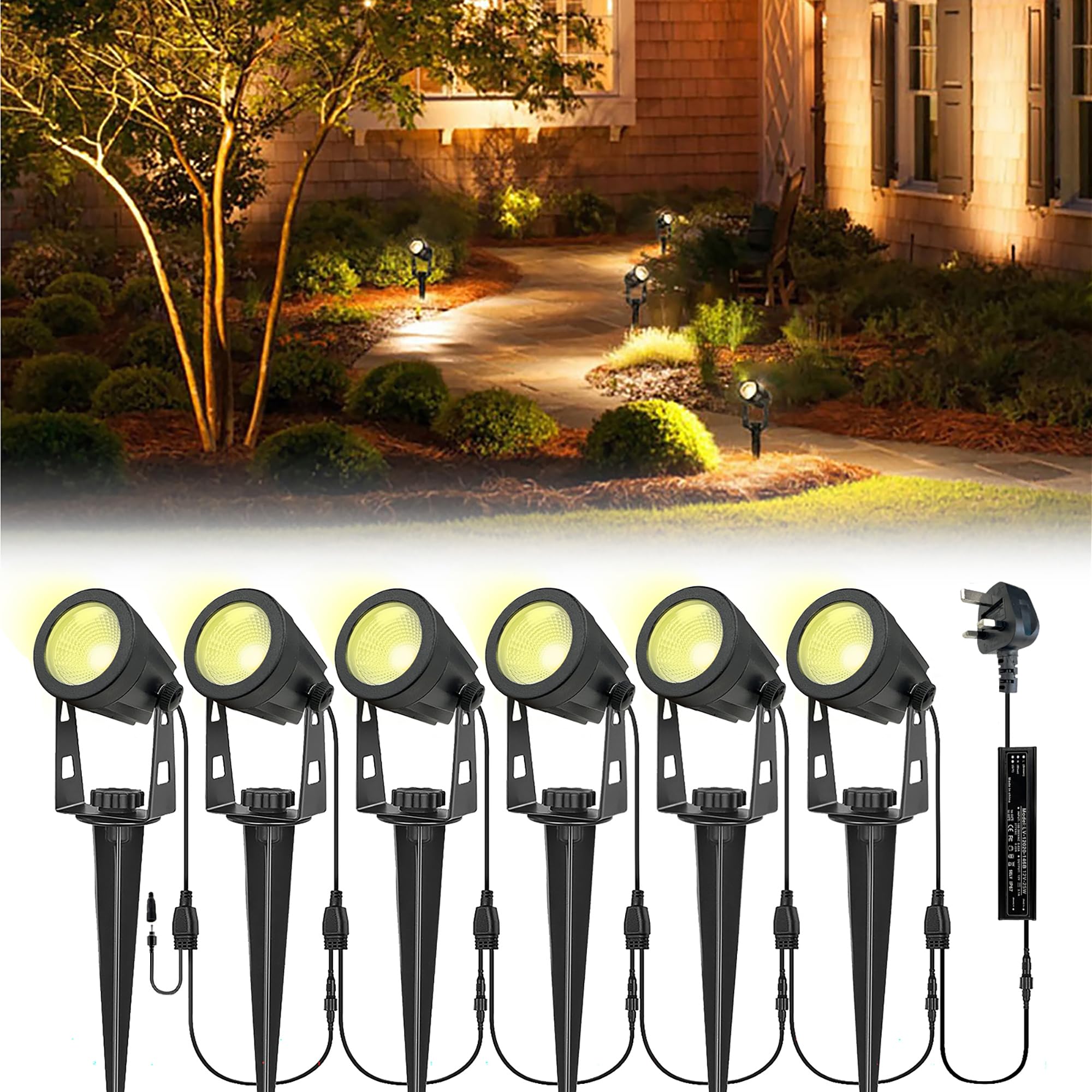 Litake Garden Lights Mains Powered,6 Pack Pathway Lights 21m/68.9ft 3W Extendable LED Spike Lights Outdoor Landscape IP66 Waterproof Spotlights for Lawn Tree Patio Yard Wall (3000K Warm White)
