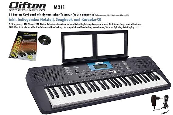 Clifton M211K Keyboard, USB, MIDI, 61 anschlagdynamische Tasten, Netzteil, Pitchbend-Rad