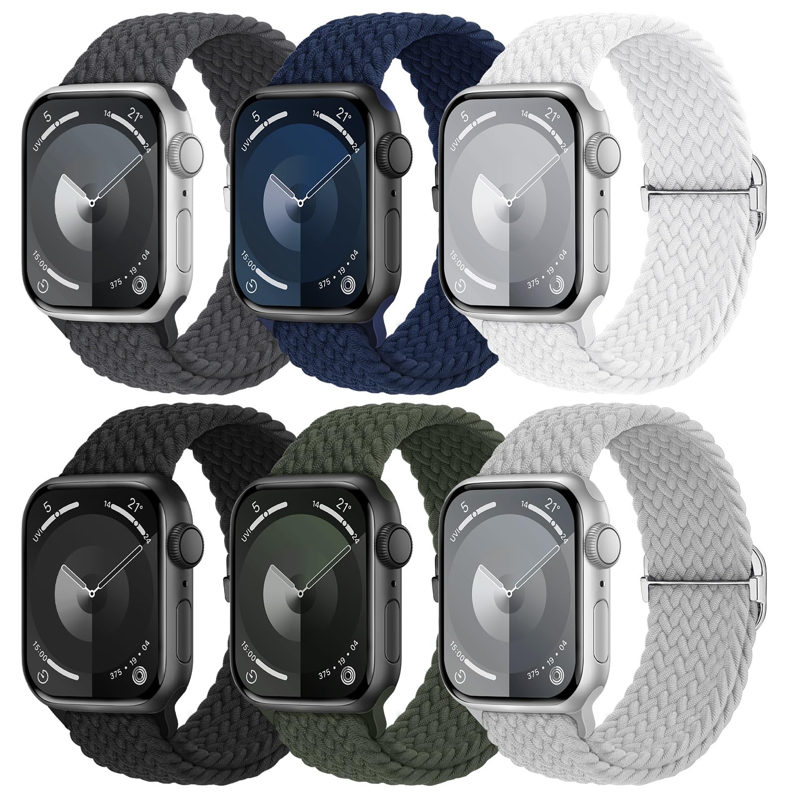 Photo 1 of 6 Pack Braided Stretchy Bands Compatible with Apple Watch Band 38mm 40mm 41mm 42mm 44mm 45mm 46mm 49mm Women Men, Adjustable Nylon Solo Loop Elastic Straps for iWatch Series 10 9 8 7 6 5 4 3 SE Ultra