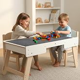 Youuys 3 in 1 Wooden Kids Activity Table &amp; Building Board Compatible with Building Block,Storage Play Table Reversible Top Legs Fold for Easy Under Bed Storage （No Chairs）