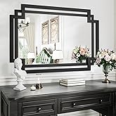 Autdot 28" x 40" Black Wall Mirror for Decor, Large Bathroom Mirror with Geometric Metal Frame, Modern Rectangular Mirror for