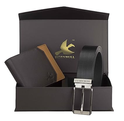 Hornbull Mens Brown Wallet and Black Belt Combo