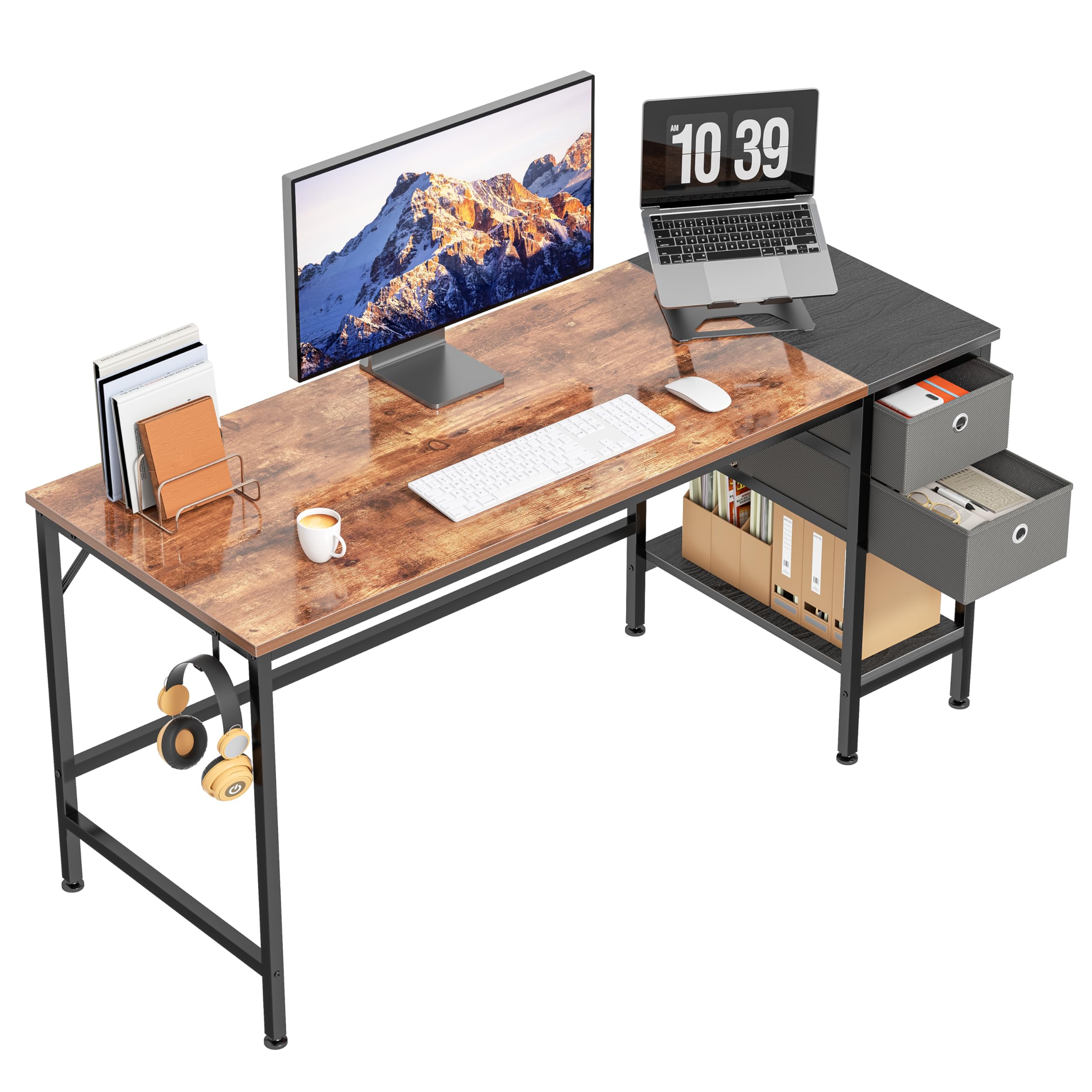 HOMIDEC 140 cm Computer Desk with 2 Drawers, Office Work Writing Desk with Headphone Hook for Student and Worker, Laptop Table with Shelves, Modern Style Desks for Home Office(140x50x75cm)