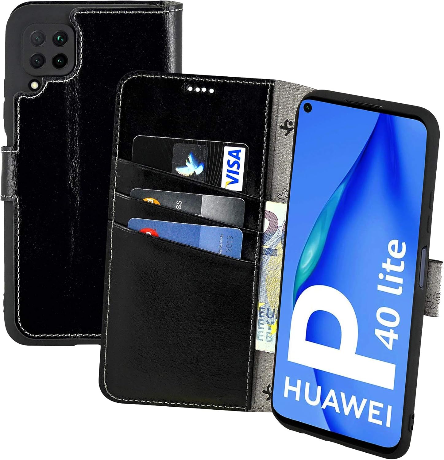 Suncase Book-Style Case Compatible with Huawei P40 Lite Leather Case (Slim Fit) Leather Mobile Phone Case Protective Case with 3 Card Slots in Black