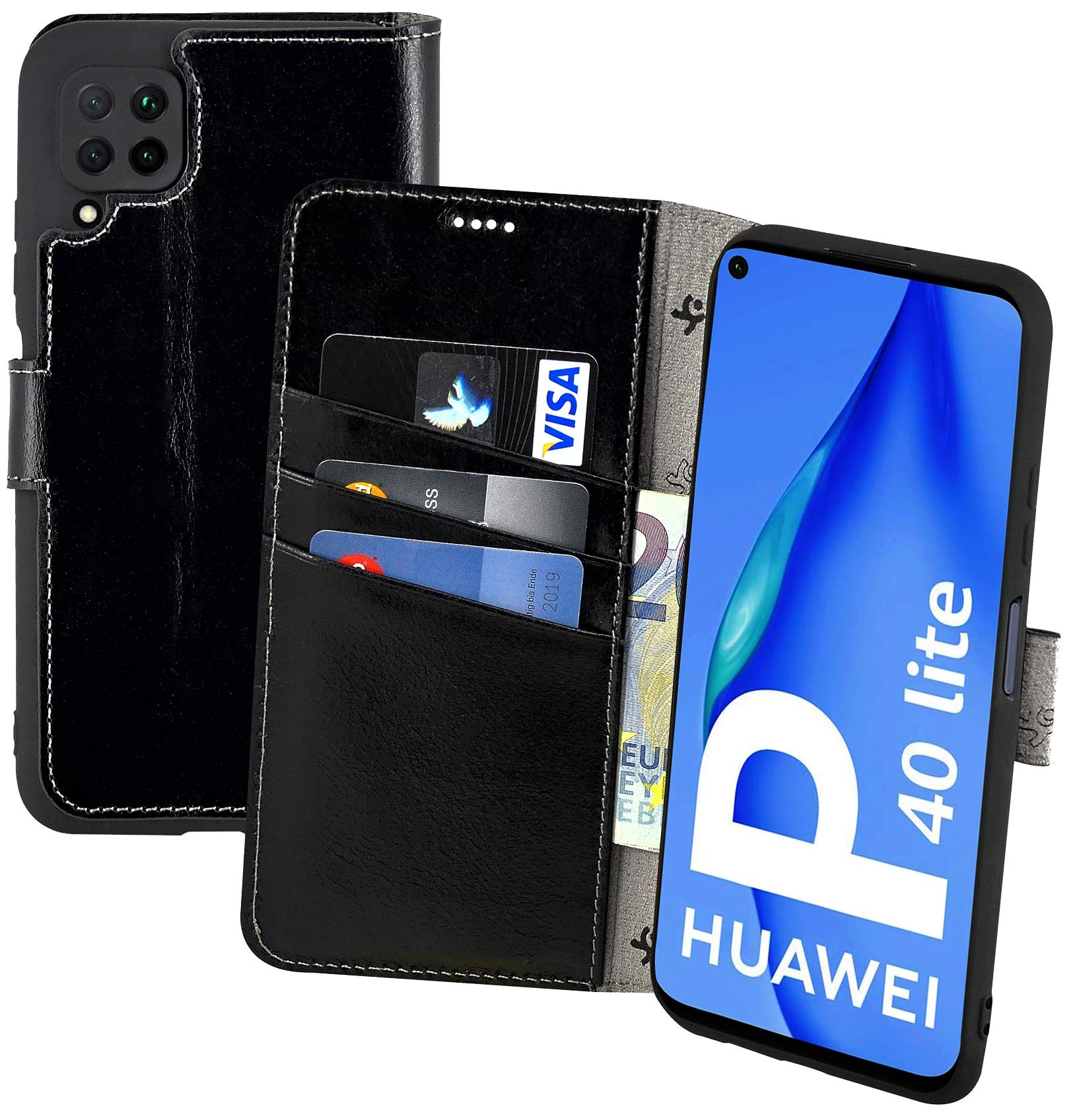 Suncase Book-Style Case Compatible with Huawei P40 Lite Leather Case (Slim Fit) Leather Mobile Phone Case Protective Case with 3 Card Slots in Black