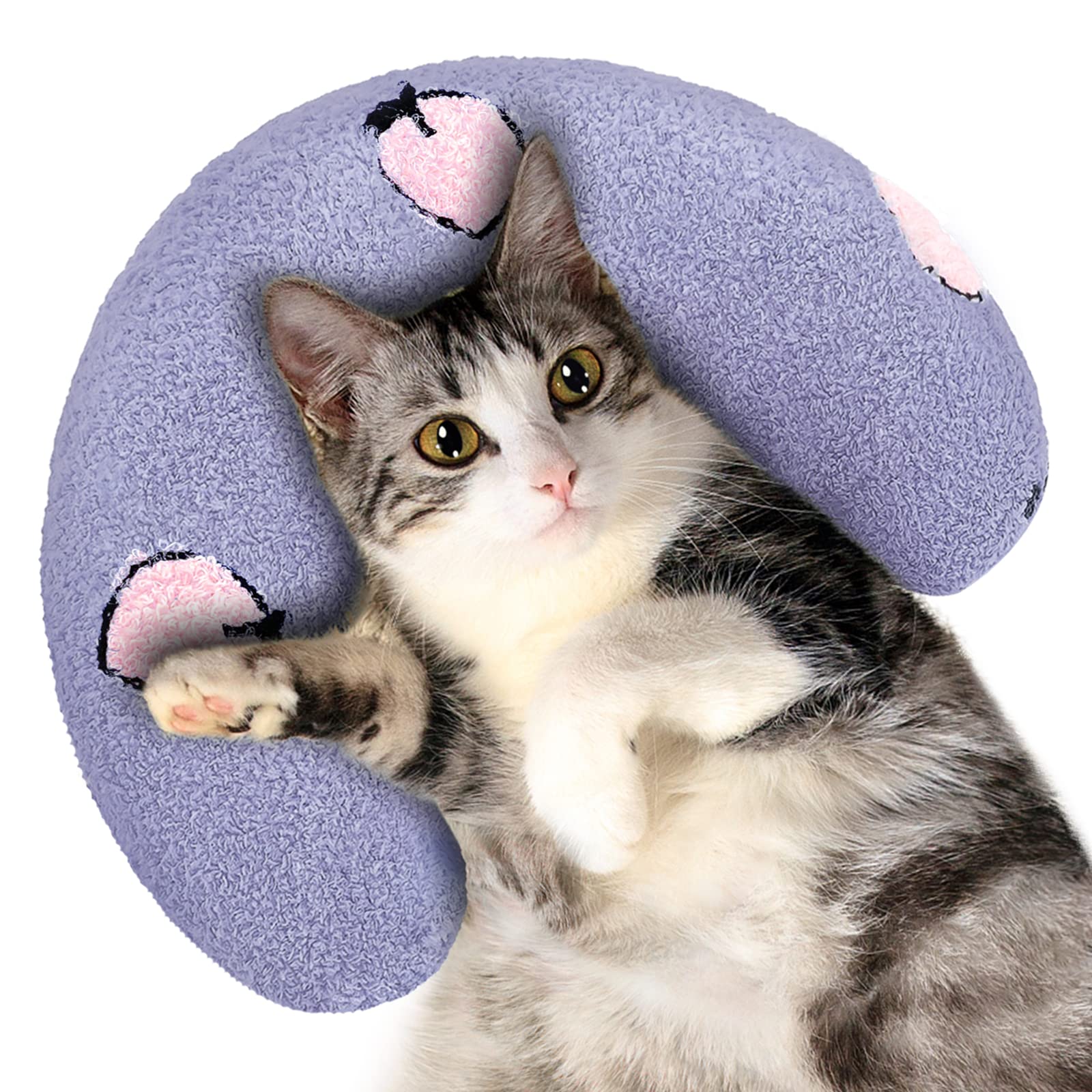 Photo 1 of ucho Pillow for Cats, Ultra Soft Fluffy Pet Calming Toy Half Donut Cuddler, U-Shaped Pillow for Pet Cervical Protection Sleeping Improve- Purple