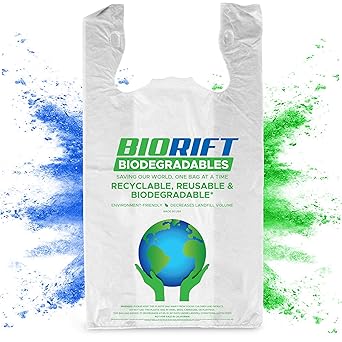 Amazon Com Biorift Eco Friendly T Shirt Grocery Bags 100 Biodegradable Certified Astm D5511 Thank You Shopping Bags With Handles Extra Thick 0 61 Mils Food Scraps Shopping 250 Count 250 Count Industrial Scientific