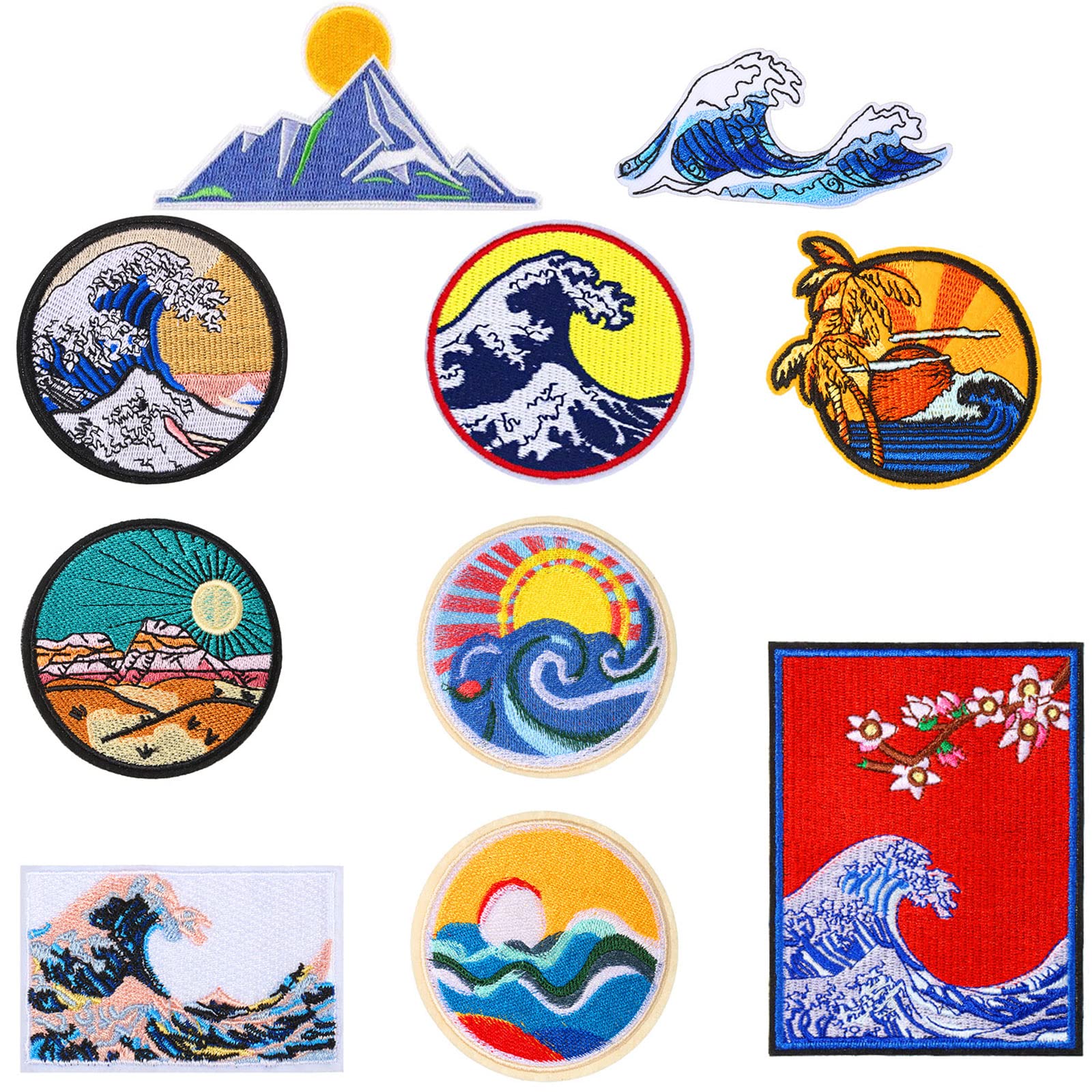 11 Pieces Wave Off Kanagawa Patch Embroidered Applique Badge Iron on Sew on Patches Emblem Patch DIY Accessories, Patch for Clothes, Dress, Hat, Jeans