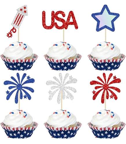 100 Amerikanische Flaggen Cupcake-Topper – Doppelseitig, Mit Glitzersternen, Für Unabhängigkeitstag & Partys