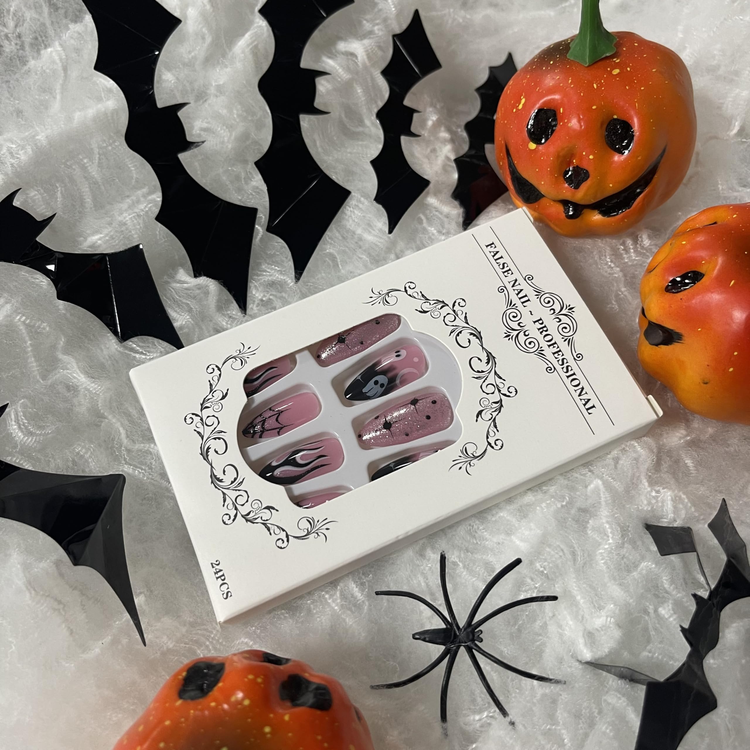 COCDLAN 24Pcs Halloween Press on Nails Middle Almond Fake Nails with Cute Halloween Ghost and Flame Designs, Black French Tips Press on Nails Glossy Acrylic Nails Full Cover False Nail for Women - Image 2