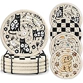 Kokaaee Drink Coasters Set of 4 - Cute Absorbent Cup Coasters for Drinks Coffee Table Office Home Desk Decor Soft Woven Cotton Cloth Braided Fabric Drinking Cup Mat with Holder Kawaii Cat Dog Animals