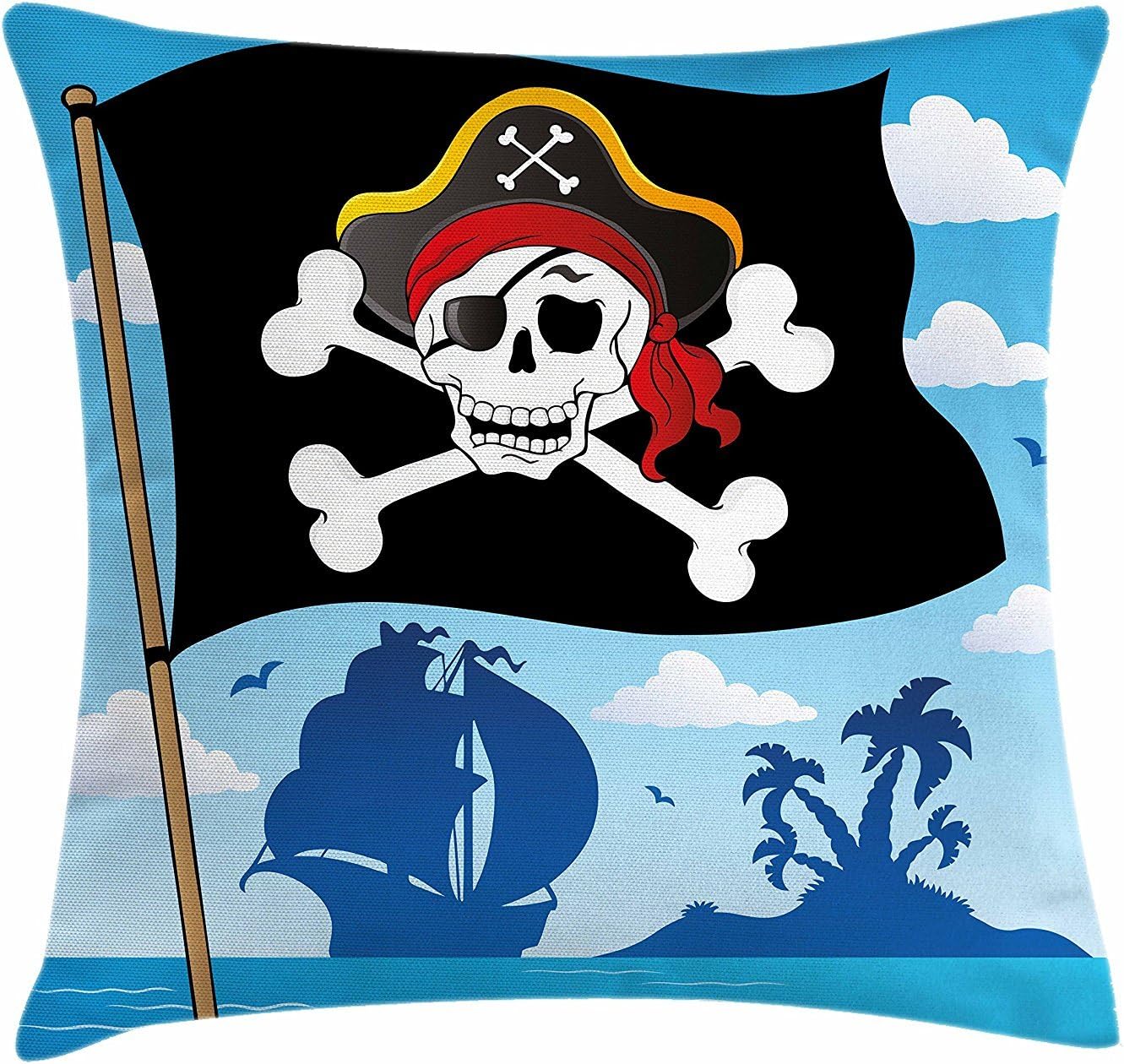 Pirate Throw Pillow Cushion Cover Danger Sign Beware of Pirates Skull with Hat Flag Deserted Island in the Back Decorative Square Accent Pillow Case 18 X 18 Inches