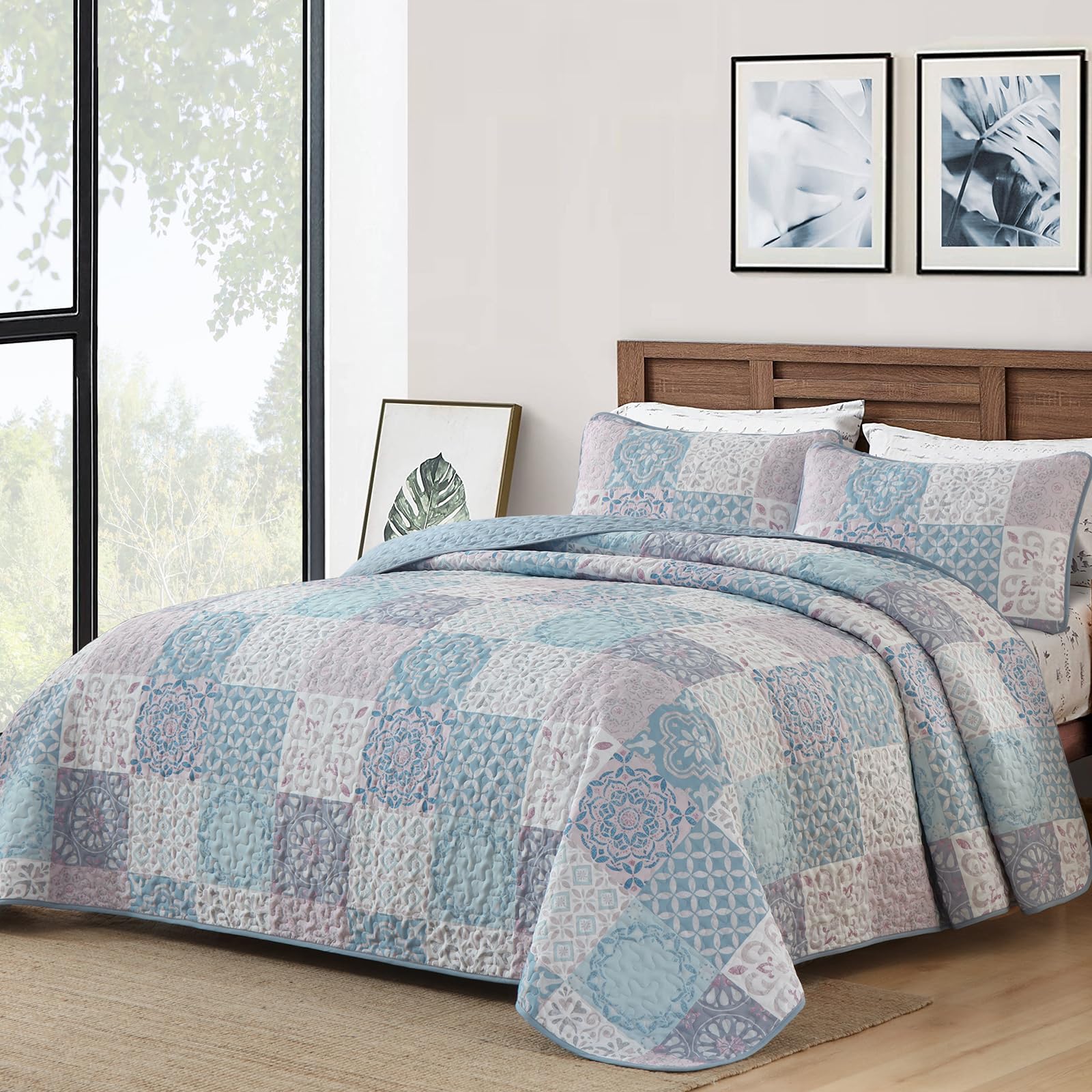 Dobuyly Quilt Set King Size, Light Blue/Pink Patchwork Bedspread 3 Pieces, Boho Plaid Summer Coverlet Set, Soft Lightweight Quilt Bedding Set for All Seasons 110"x90" Image