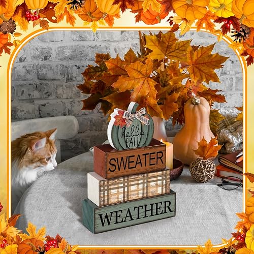 YUJUN Fall Pumpkin Wooden Signs - 4 Piece Blue Autumn Tiered Tray Decor For Thanksgiving