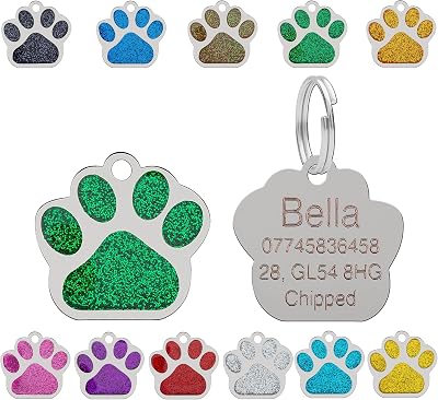 LARRYROO Personalised Engraved Pet Tag 27mm Green Glitter Paw Shape